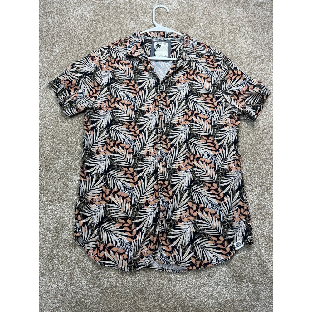 Free Planet Mens Tropical Palm Leaf Short Sleeve Button Down Shirt Black Tan M